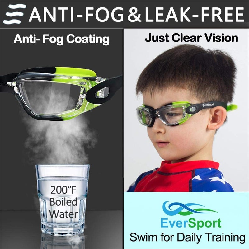 EverSport Kids Swim Goggles, Pack of 2 Swimming Goggles for Children Teens, Portable Anti-Fog Anti-UV Youth Swim Glasses Leak Proof for Age4-16, Green/Black & Mirrored Blue - Image 5